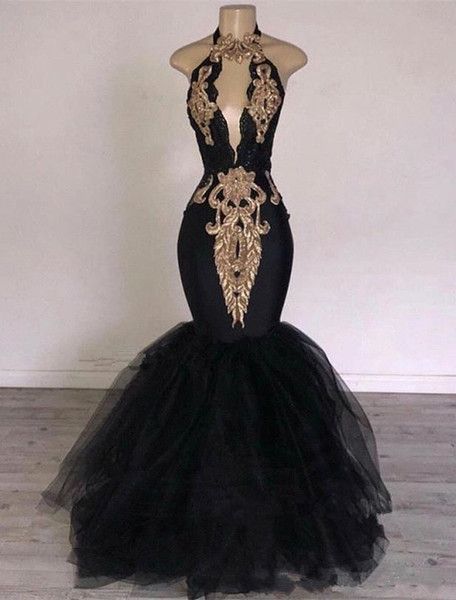 Sexy Black Halter Mermaid Long Prom Dresses 2019 Keyhole Lace Gold Shiny Applique Beaded Floor Length Evening Party Gowns cg3924