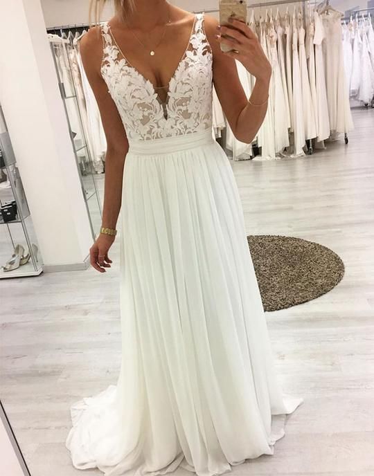 White V neck Chiffon Long Prom Dress, Lace Evening Dress  cg3933