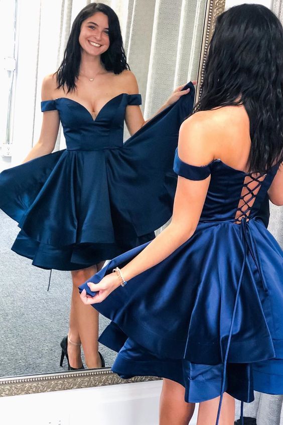 off the shoulder short navy blue homecoming dress with lace up back cg3943