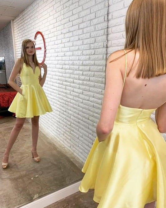 Simple Straps Short Yellow Homecoming Dress  cg3947