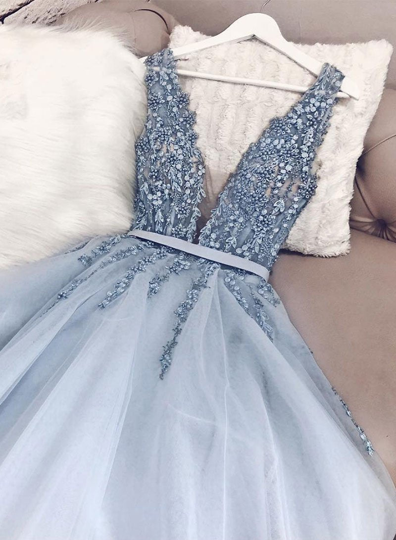 Blue v neck tulle beads long prom dress, evening dress cg397