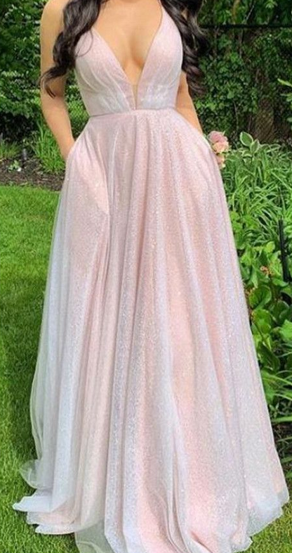Sparkling Plunging Neck Pink Long Prom Dress cg3973
