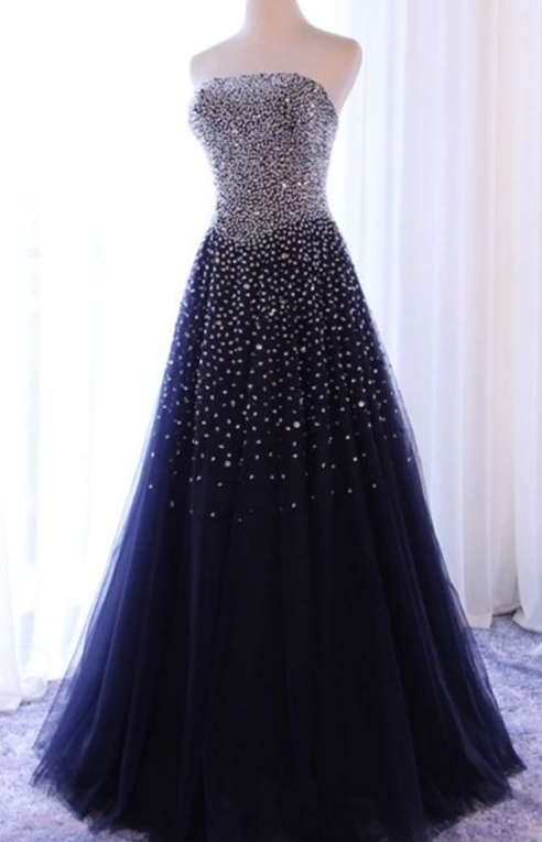 Sparkle Navy Blue Tulle Long Prom Dress, Prom Dresses , Party Dresses cg3994