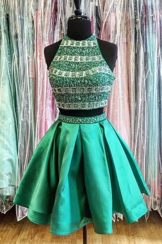 Morden Two Pieces Green Satins Two Pieces Beading Round Neck Short homecoming Dresses cg4003