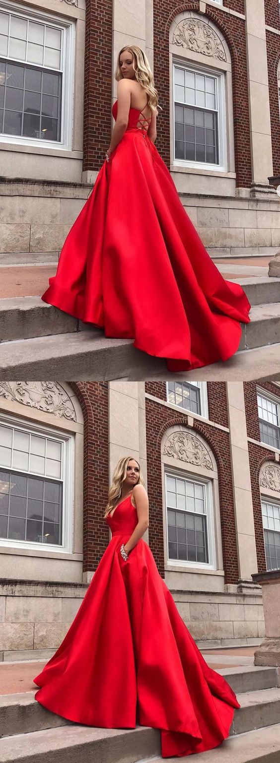 Red v neck satin long prom dress, red evening dress cg4005