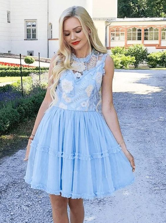 A-Line Jewel Short Blue Tulle Homecoming Party Dress with Lace cg4007