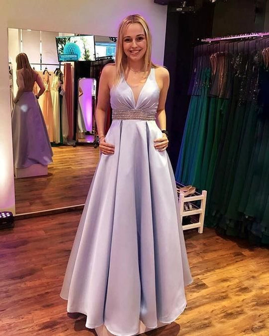 V-Neck Floor length Satin Prom Dress with Beading cg4011