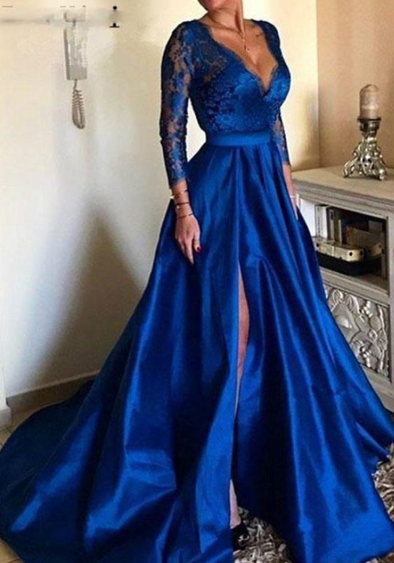 Royal Blue V-Neck Evening Dresses Lace Illusion Long Sleeve Satin Part ...