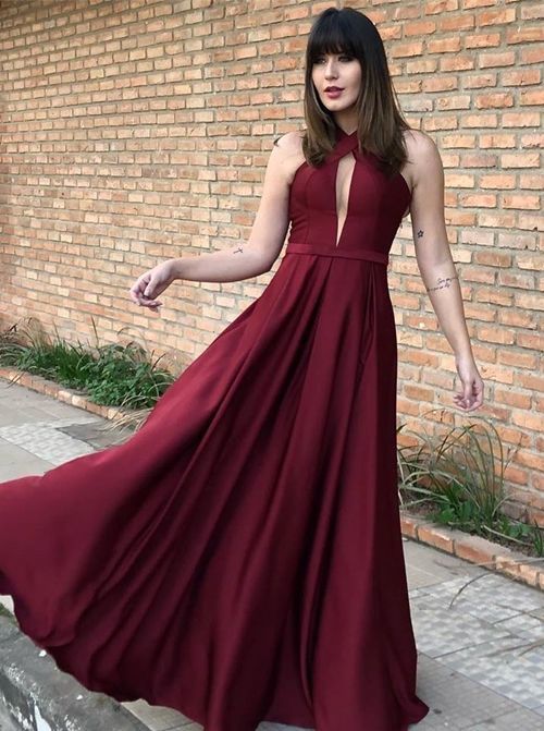 New arrival A-Line Halter Open Back Burgundy Chiffon Long Prom Dresses,Evening Party Dresses cg4055