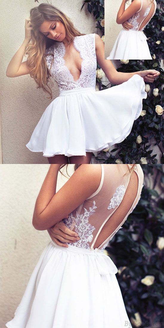 Elegant Deep V Neck Lace Short White Party homecoming party Dress cg4063
