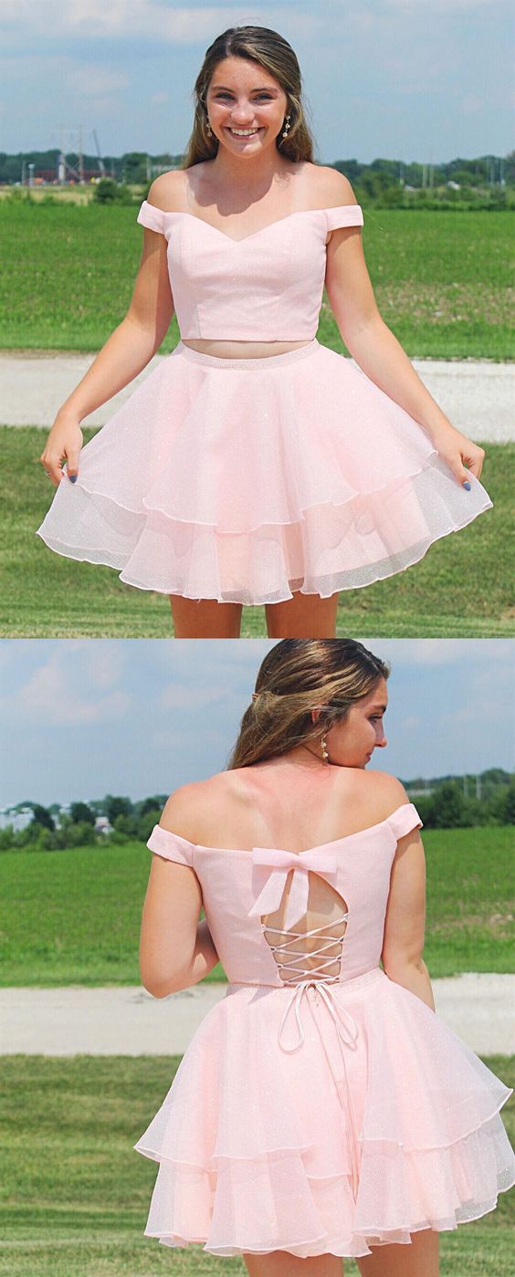 Two Pieces A Line Off The Shoulder Pink Homecoming Dress With Beading cg4081