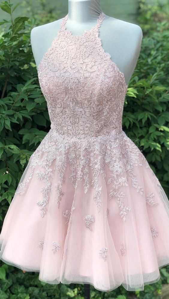 Formal short homecoming dresses for teens, pink lace homecoming dresses, halter senior dresses  cg4092
