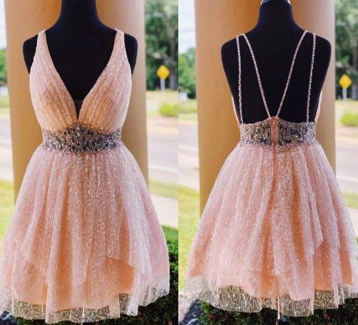A-Line V-Neck Above-Knee Coral Short Homecoming Dress with Beading cg4095