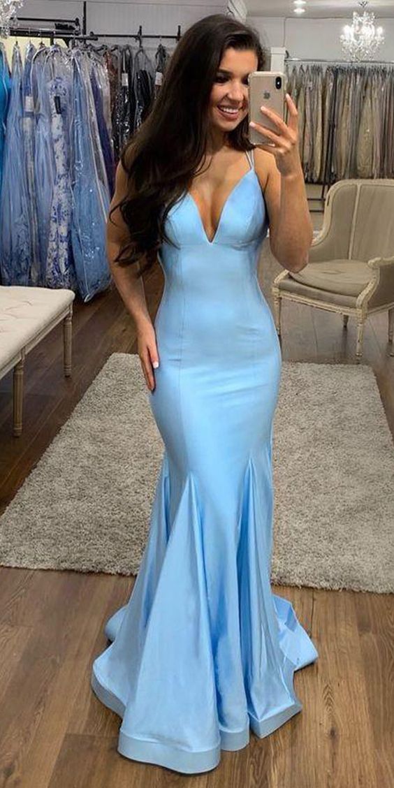 Light Blue Satin Sexy V-Neck with Thin Straps Long Mermaid Prom Dress cg4111