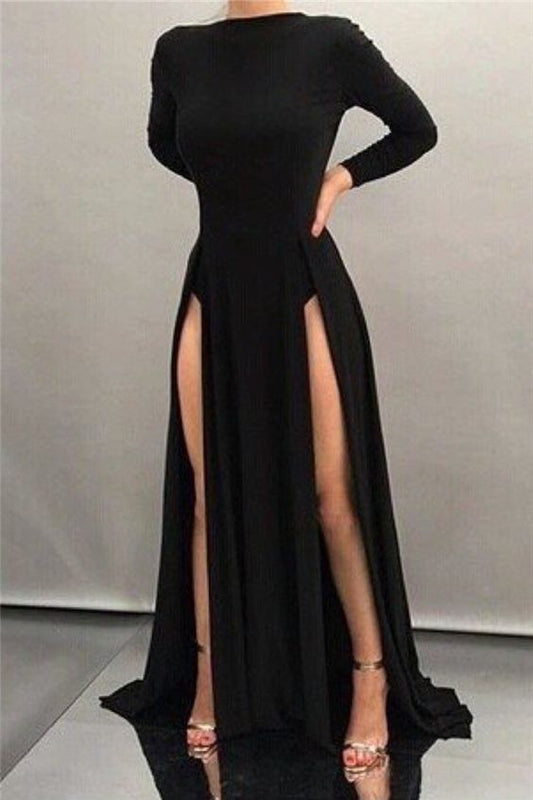Prom Dresses,Black Sheath High-neck Front-splits Sleeves Long Sexy Evening Dresses cg4113