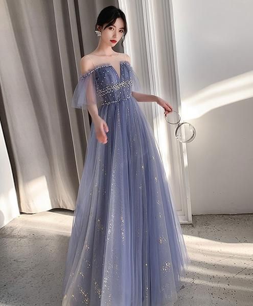 Blue tulle lace long prom dress blue tulle lace evening dress cg4116