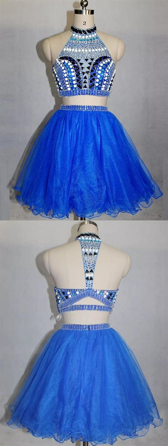 Blue Two Pieces High Neck Beaded Homecoming Dresses Short Cocktail Dresses cg413