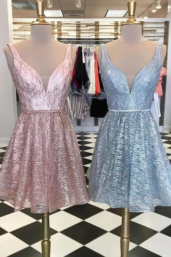 Sparkle Fitted Short Light Sky Blue V Neck A Line Homecoming Dress cg4144