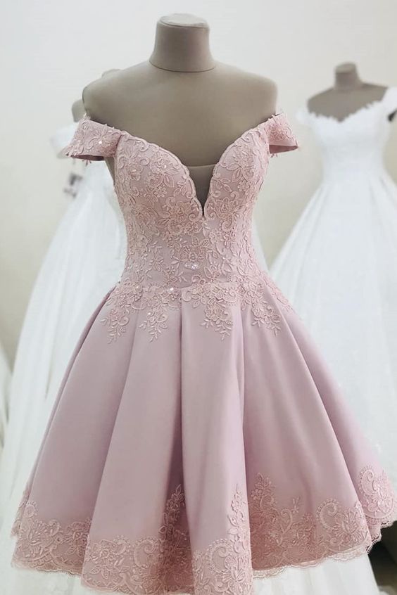short pink homecoming dress with off the shoulder cg4146