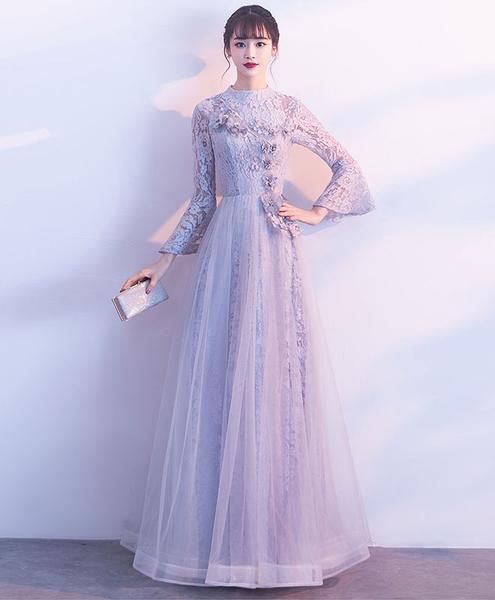 Gray tulle lace long prom dress gray tulle lace bridesmaid dress cg414 ...