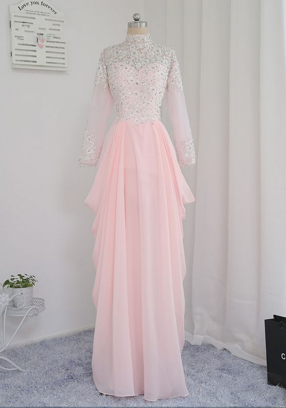 Evening Dresses A-line Long Sleeves Coral Appliques Beaded Islamic Dubai Abaya Kaftan Long Evening Gown Prom Dress cg4149