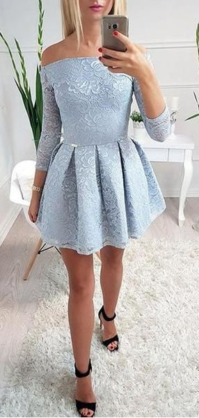 Elegant Off The Shoulder 3/4 Sleeves Lace A Line Short Homecoming Dress cg4152