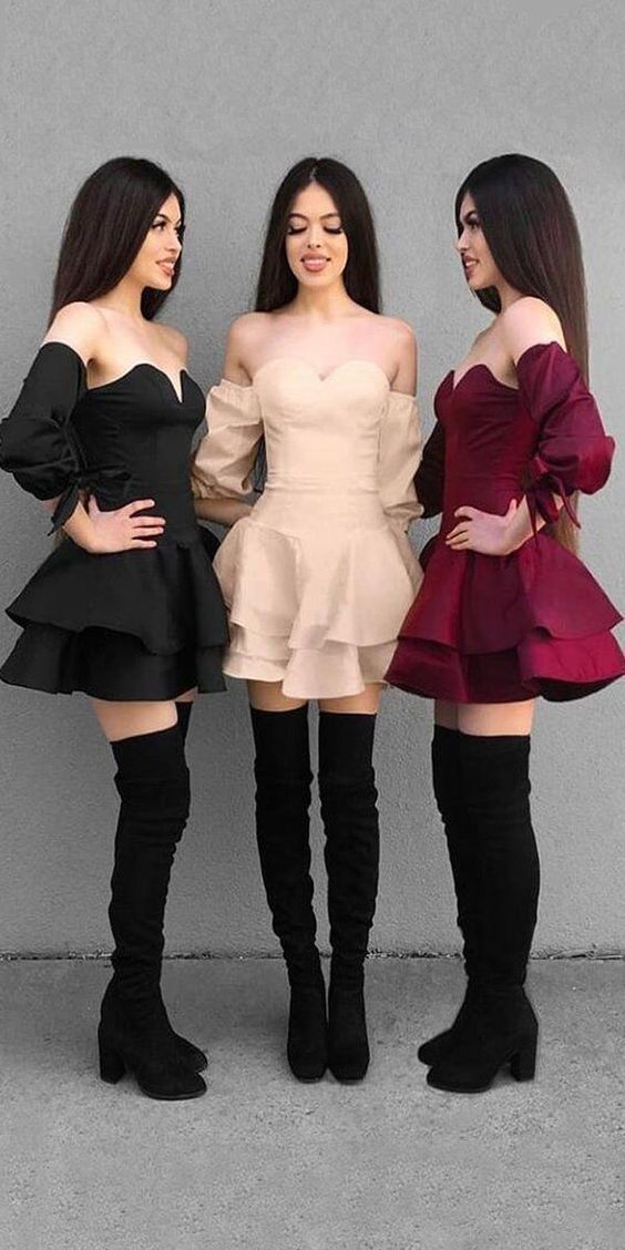 Off the Shoulder Sweetheart Long Sleeves Short Homecoming Dresses  cg4157