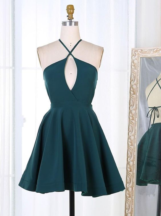 A-Line Spaghetti Straps Keyhole Dark Green Satin Homecoming Dress cg4161