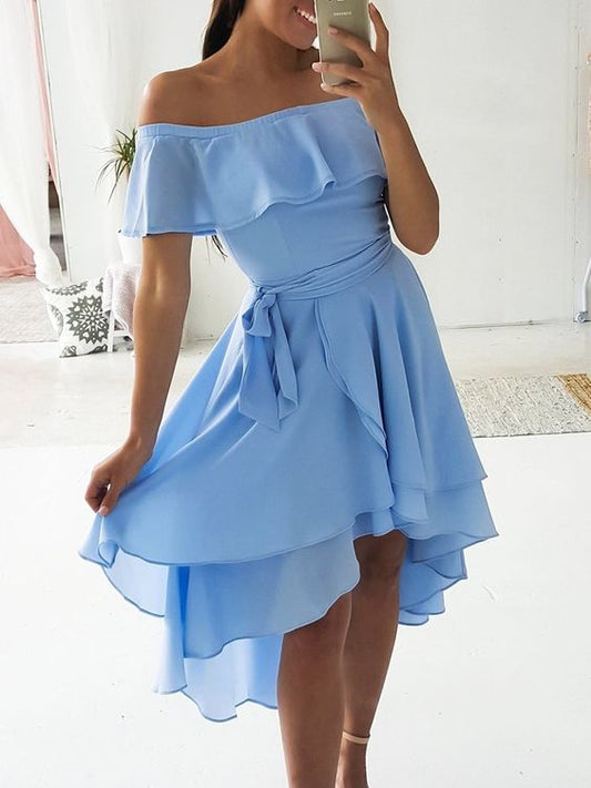 Off Shoulder Layered Dip Hem Casual homecoming Dress  cg4168