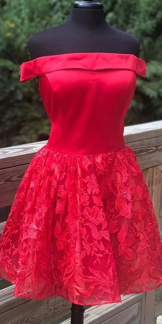 A-line Off Shoulder Satin Red Homecoming Dress With Lace cg4193