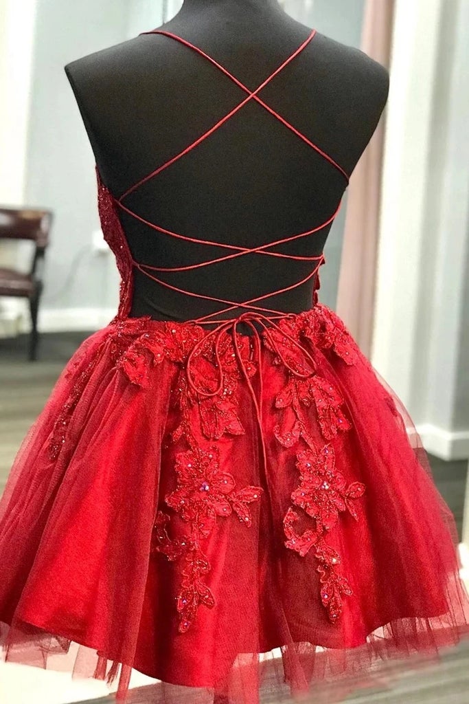 Straps Lace Appliqued Red Short Homecoming Dress cg4200
