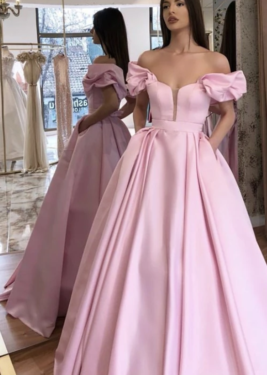 Long Satin Prom Dress Pink ball gown off shoulder cg4203