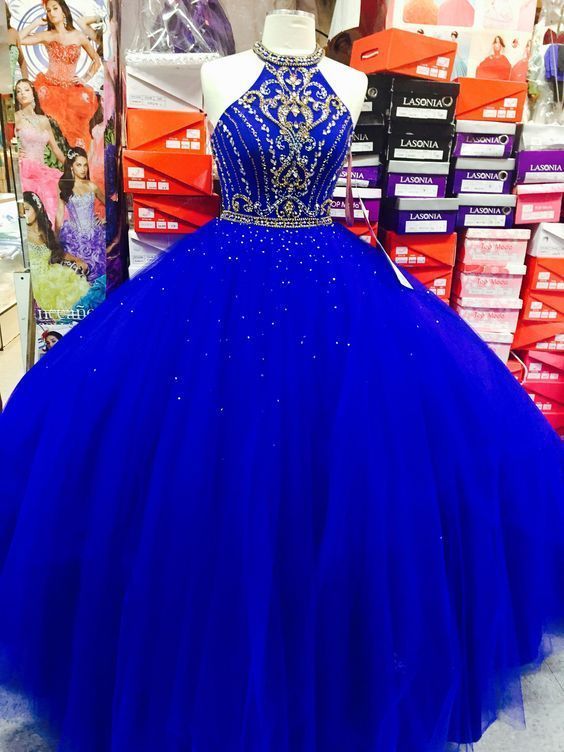 Royal Blue Halter Tulle Quinceanera Dresses, Elegant Ball Gown Prom Dresses, Sweet 16 Prom Dress cg4205