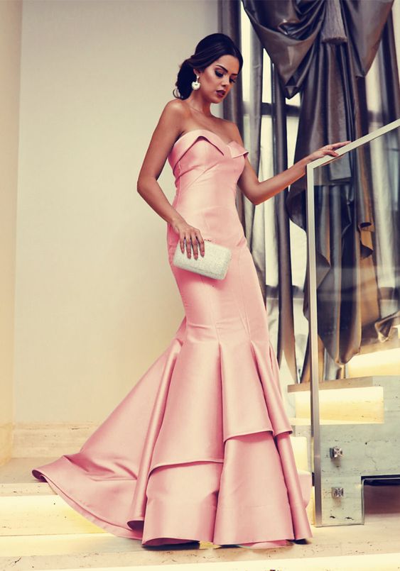 elegant pink mermaid ruffles prom dresses sleeveless satin gown cg4206