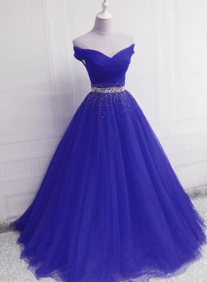 Gorgeous Royal Blue Tulle Off Shoulder Party Gown, Blue Formal prom Dress 2019 cg4235
