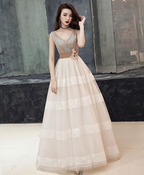 Unique v neck tulle lace long prom dress tulle lace formal dress cg4238