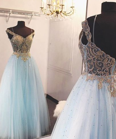 Light Blue Beaded Tulle Long Prom Dress, Formal Evening Dress cg4267