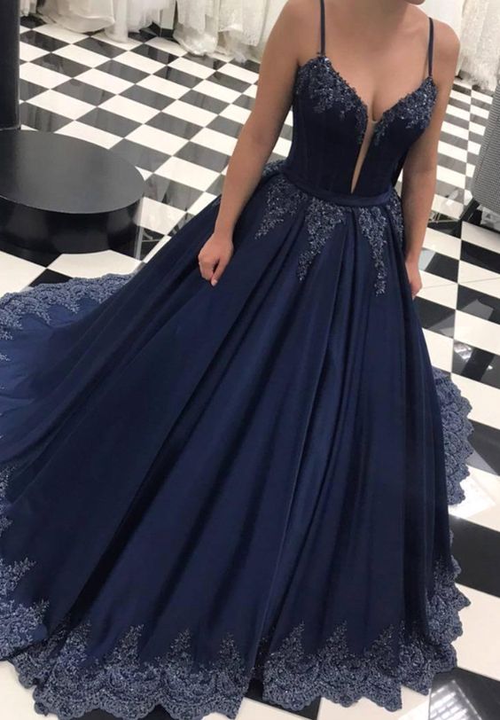 Navy Blue Lace A Line Long Prom Dresses evening dresses prom dresses cg4270