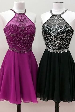 Cute multi-color silver beaded high neck open back short party homecoming dresses cg4277