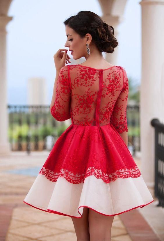 Chic Homecoming Dress Scoop A-line Red Lace Short Dress Party Dress  cg4278