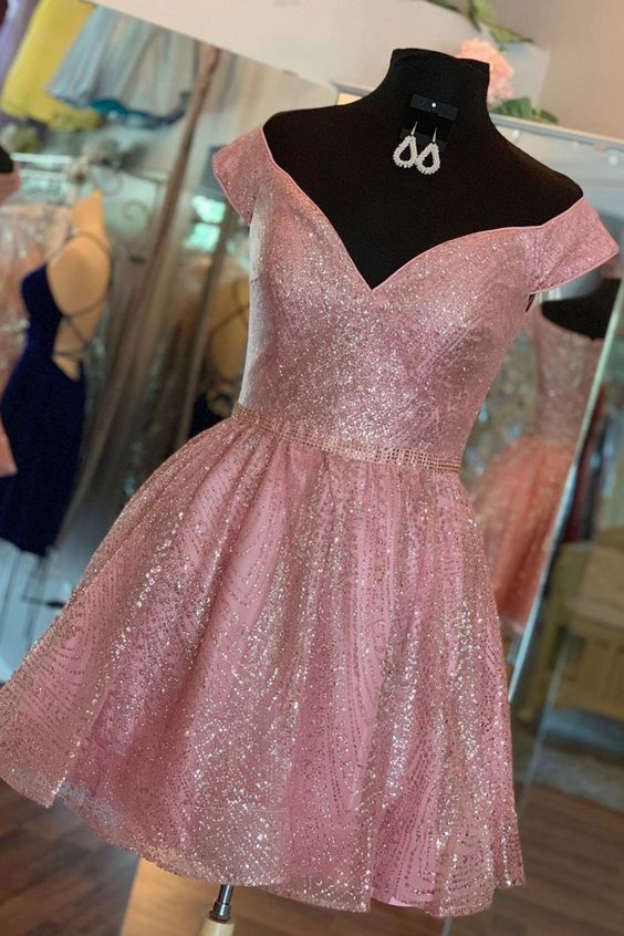 off the shoulder short homecoming dresses, pink homecoming dresses with sequins  cg4284