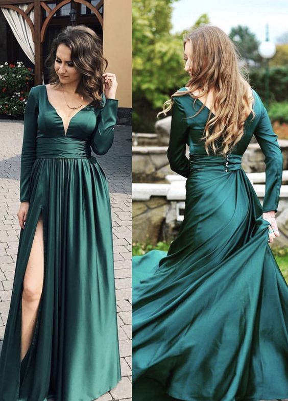 emerald green prom dresses long sleeves evening gown cg4286
