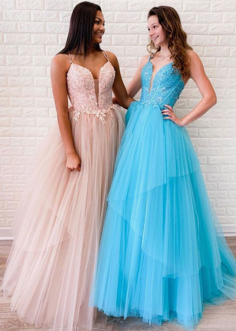 Stylish v neck tulle lace long prom dress evening dress formal dress cg4291