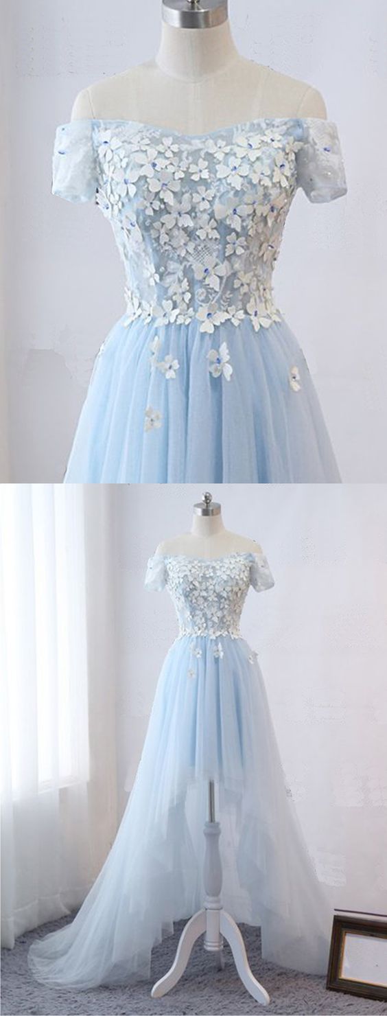 Baby Blue Tulle Off Shoulder Short Sleeve High Low Prom Dress cg4301