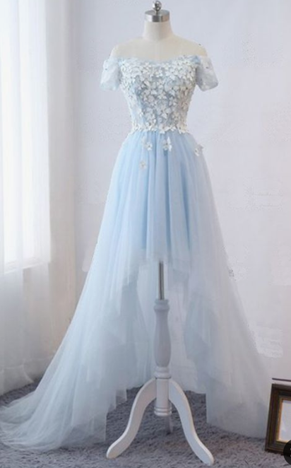 Baby Blue Tulle Off Shoulder Short Sleeve High Low Prom Dress cg4301