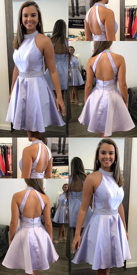 A Line Jewel Lilac Short Homecoming Dress With Beading Pockets cg4321