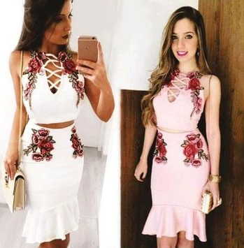 Sexy Fashion Straps Floral Embroidery Two Piece Homecoming Dress  cg4324