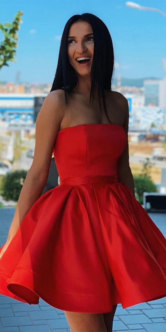 Simple Red Satin Strapless Short Formal Homecoming Dress  cg4334