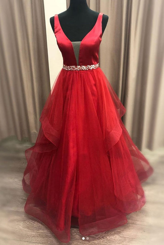 RED V NECK TULLE LONG PROM DRESS RED TULLE FORMAL DRESS cg4337