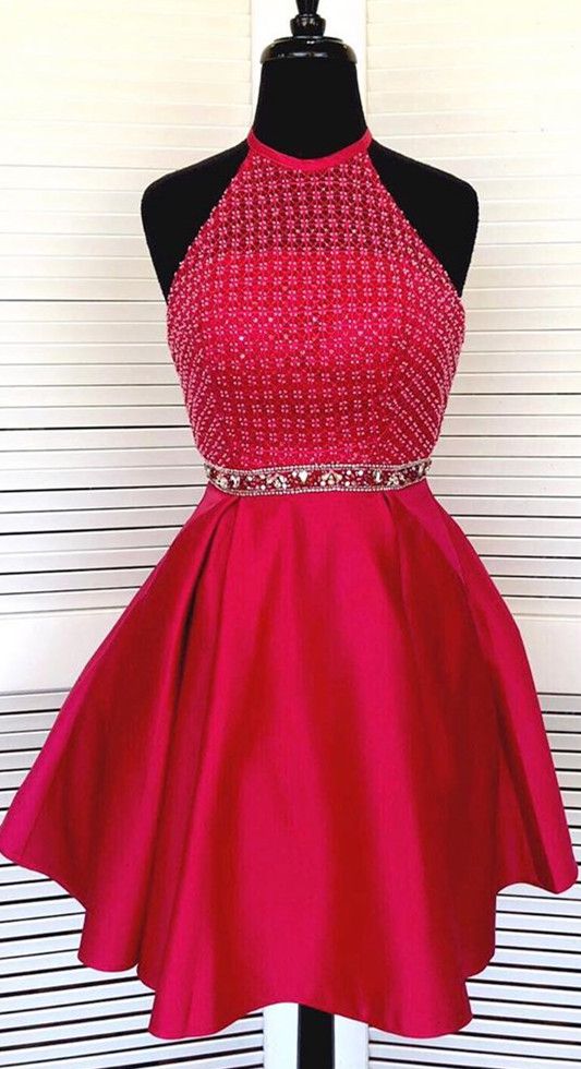 Halter Red Homecoming Dress with Beaded Top cg4352